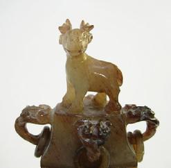 Large Mottled Jade Double-Deer Covered Vessel - Closeup View of the Cover