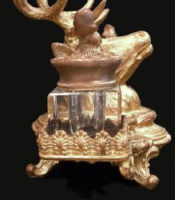 Antique Gilt Metal Deer Double Crystal Inkwell - c. 1880 - Right View