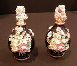 19th c. French Porcelain Jacob Petit Black Ground Flower Encrusted Scent Bottles and Covers - Side View