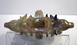 Large Mottled Jade Double-Deer Covered Vessel - View of Interior