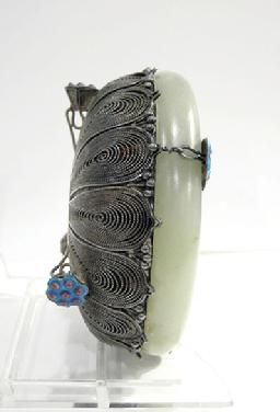 Antique Chinese Export Silver Filigree Jade-Mounted Bracelet Bowl - Side View