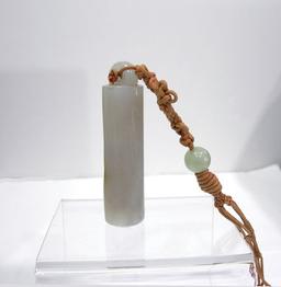 Antique Celadon Jade Plume Holder on Braided Silk Cord- Qing - Closeup View