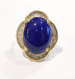 Vintage 14K Yellow Gold Lapis and Diamond Ring - Front View