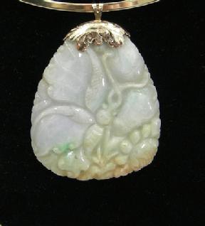 Large Chinese Multi-Color Jade Pendant/14K Gold Chased Cap - Butterfly - Closeup View 1