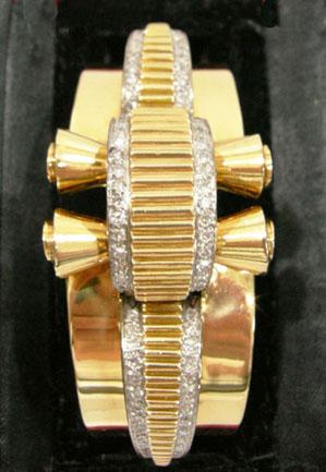 Art Deco 18K YG Platinum Trimmed Diamond Bangle/Cuff Bracelet - Signed Herny - Straightup View
