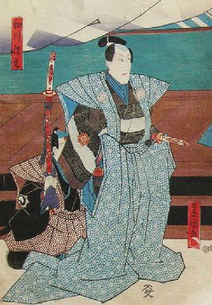 Original Japanese Woodblock Oban Actor Triptych- 1849- Kunisada Utagawa/Toyokuni III- Left Panel Closeup View