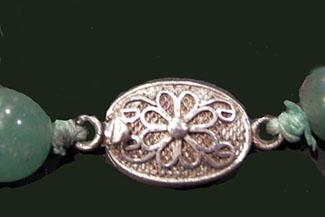 Long Chinese Carved Jade and Coral Necklace with Disc and Cat on a Leaf Carving - Clasp Closeup