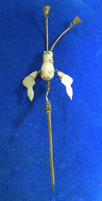 Antique Chinese Silver and Celedon Jade Insect Hairpin -  Qing 