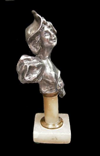 Antique Silverplate Bust of a Woman in a Large Hat on Cream Columnar Base - Side View