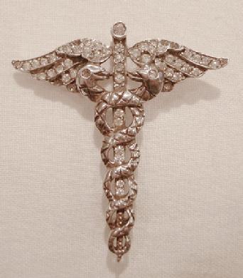 Antique Medical  Sterling Caduceus (Medical Emblem) Pin with Rhinestones