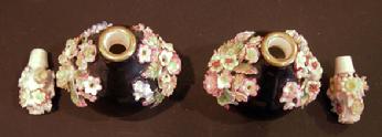 Pr. 19th c. Jacob Petit Black-Ground Flower-Encrusted Scent Bottles and Stoppers - Top View