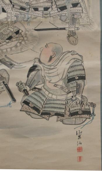 Old Japanese Musha-e (Warrior) Scroll - 5 Samurai- Hand-Drawn- Alternate Closeup View