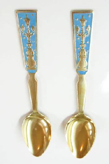 Pair Vintage Russian 875 Gilt Sviler Enamel Spoons - Lampposts - Alternate View