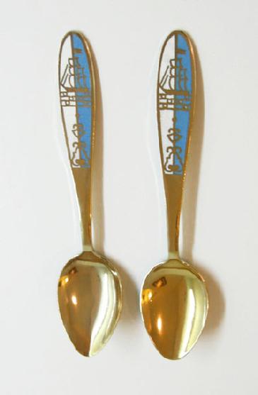 Vintage Pair of Russian Gilt Silver Enamel Spoons -Blue and White with Tall Ships