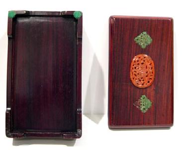 Old Chinese Wood Box Inlaid with Carnelian Agate and Spinach Jade - Top and Botton Views