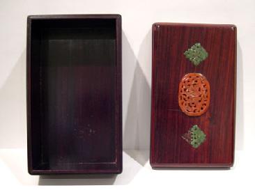 Old Chinese Wood Box Inlaid with Carnelian Agate and Spinach Jade - Top and Interior View