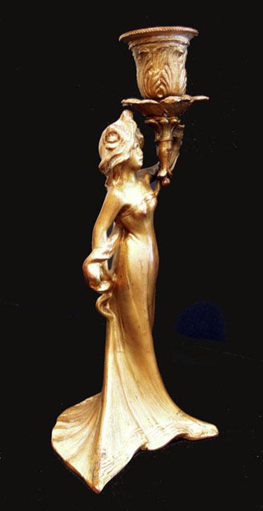 Art Nouveau Gilt Metal Figural Candlestick - Side View