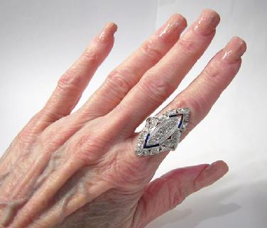 Art Deco Platinum, Diamond and Sapphire Dinner/Cocktail Ring - Wearable View