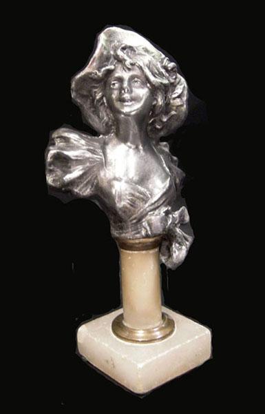 Antique Silverplate Bust of a Woman in a Large Hat on Cream Columnar Base