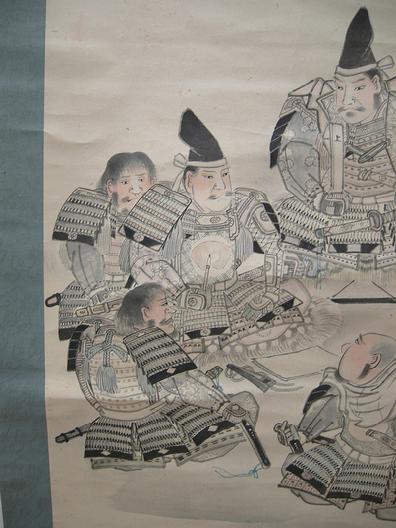 Old Japanese Musha-e (Warrior) Scroll - 5 Samurai- Hand-Drawn - Left Side Closeup View