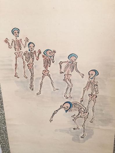 Antique Japanese Hanging Scroll 'Walking Dead Throwing Beans' -Meiji 39, Dec. 06, 1907 - Closeup View of Skeletons
