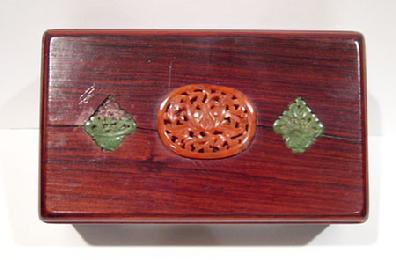 Old Chinese Wood Box Inlaid with Carnelian Agate and Spinach Jade - Top View