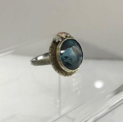 Antique Art Nouveau 14K Three Color Gold and Blue Topaz Ring - ESTATE - View of the Right