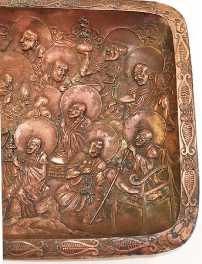 Antique Japanese Copper Over Metal Tray With Arhats - Closeup View 2