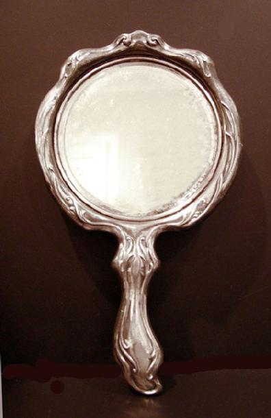 Art Nouveau Silverplate Figural Hand Mirror- Reverse View