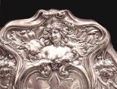 Art Nouveau Silverplate Figural Hand Mirror- Face Closeup View