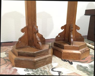 Pair Antique Japanese Carved Wood Shokudai (Candle Stands) - View of Missing Tip on Base