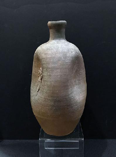 Antique Japanese Bizen Pottery Tokkuri (Sake Bottle) with Daikoku - Two of the Indentions