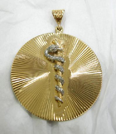 Vintage 18K YG Diamond Pendant - Caduceus Emblem