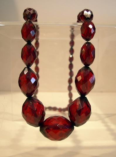 Antique Graduated Faceted Cherry Amber Necklace - 1920's - Closeup View