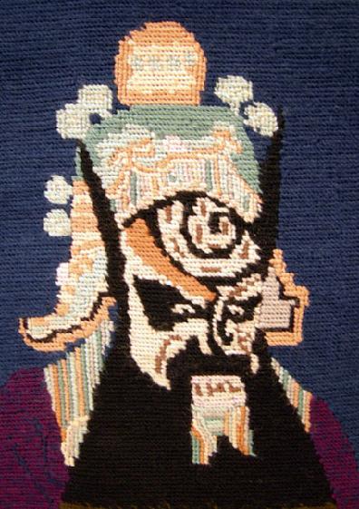 Vintage Custom Hand-Done Needlepoint- Character from the Chinese Opera Closeup