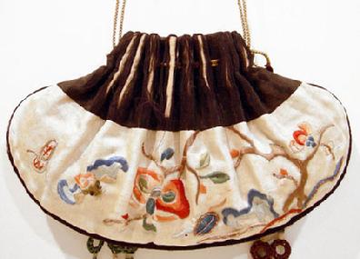 Qing Dynasty Embroidered and Couched Drawstring Purse - Signed - Reverse Closeup View 2