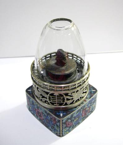Fine Antique Chinese Floral Cloisonne and Paktong Opium Lamp - Qing - Alternate View