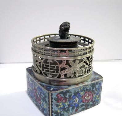 Fine Antique Chinese Floral Cloisonne and Paktong Opium Lamp - Qing - View of Lamp Closeup