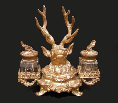 Antique Gilt Metal Deer Double Crystal Inkwell - c. 1880