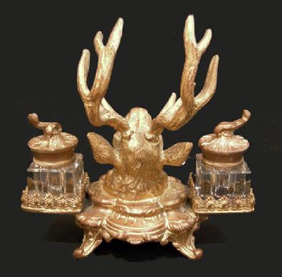 Antique Gilt Metal Deer Double Crystal Inkwell - c. 1880 - Reverse View