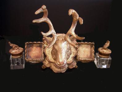 Antique Gilt Metal Deer Double Crystal Inkwell - c. 1880 - View From the Top
