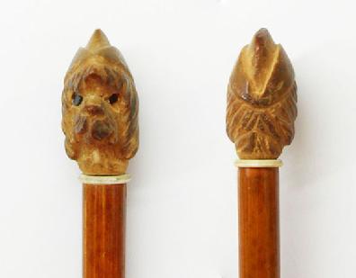 Fine Gentleman's Antique Swagger Stick with Dog Knob- Closeup Front and Back View