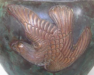Antique Japanese Bronze/Mixed Metal Eagle Jardiniere- Meiji - Closeup View Side 1