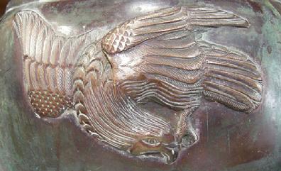 Antique Japanese Bronze/Mixed Metal Eagle Jardiniere- Meiji - Closeup View Side 2