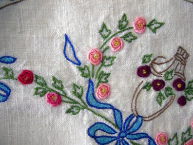Antique Handl-Embroidered Linen Topper - 1930's - Closeup View1