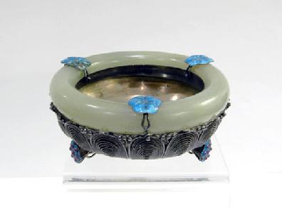 Antique Chinese Export Silver Filigree Jade-Mounted Bracelet Bowl