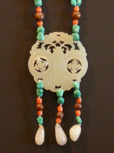Turquoise, Coral and Agate Necklace with Carved Double Jade Prayer Wheel - Closeup View