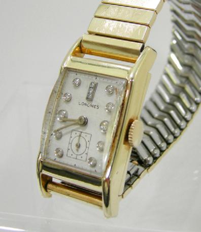 Vintage Men's 14K YG Diamond Dial Longines' Tank Watch - 1940's - Closeup