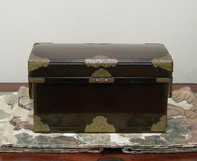 Antique Japanese Black Lacquer Nagamochi (Dowry Trunk) with Brass Mounts