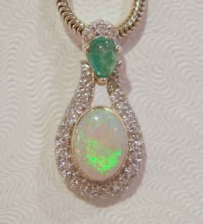 14K YG Opal Diamond Emerald Pendant - Close View